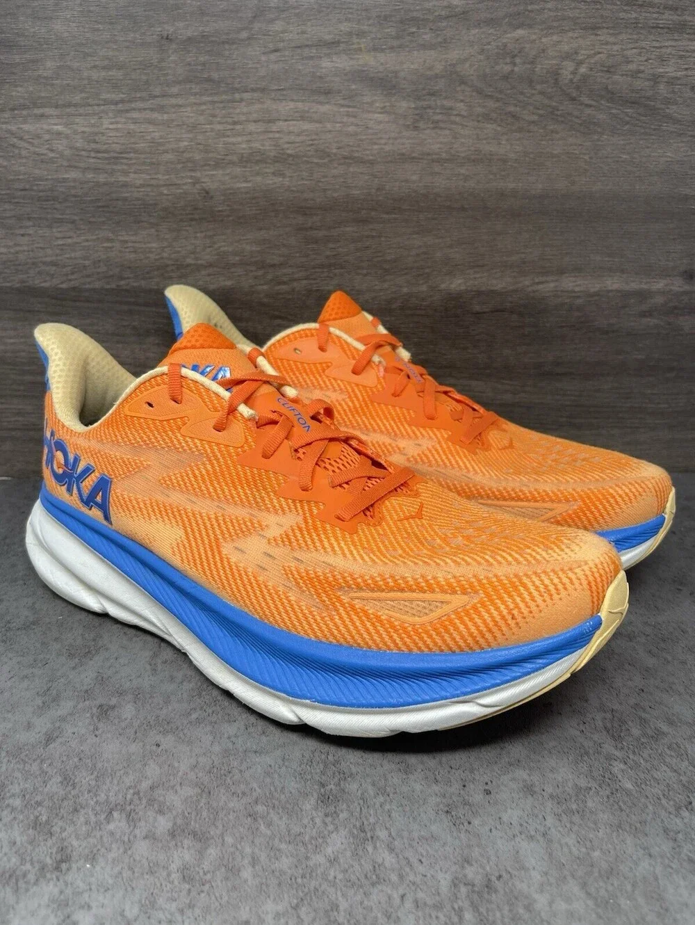 HOKA Clifton 9 Vibrant Orange Impala Mens Size 13 Running Walking Shoes Sneakers